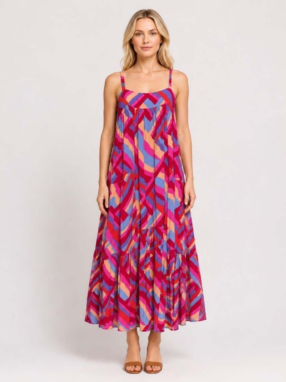 Abel The Label Tiered Maxi Dress sleeveless size small hot pink print